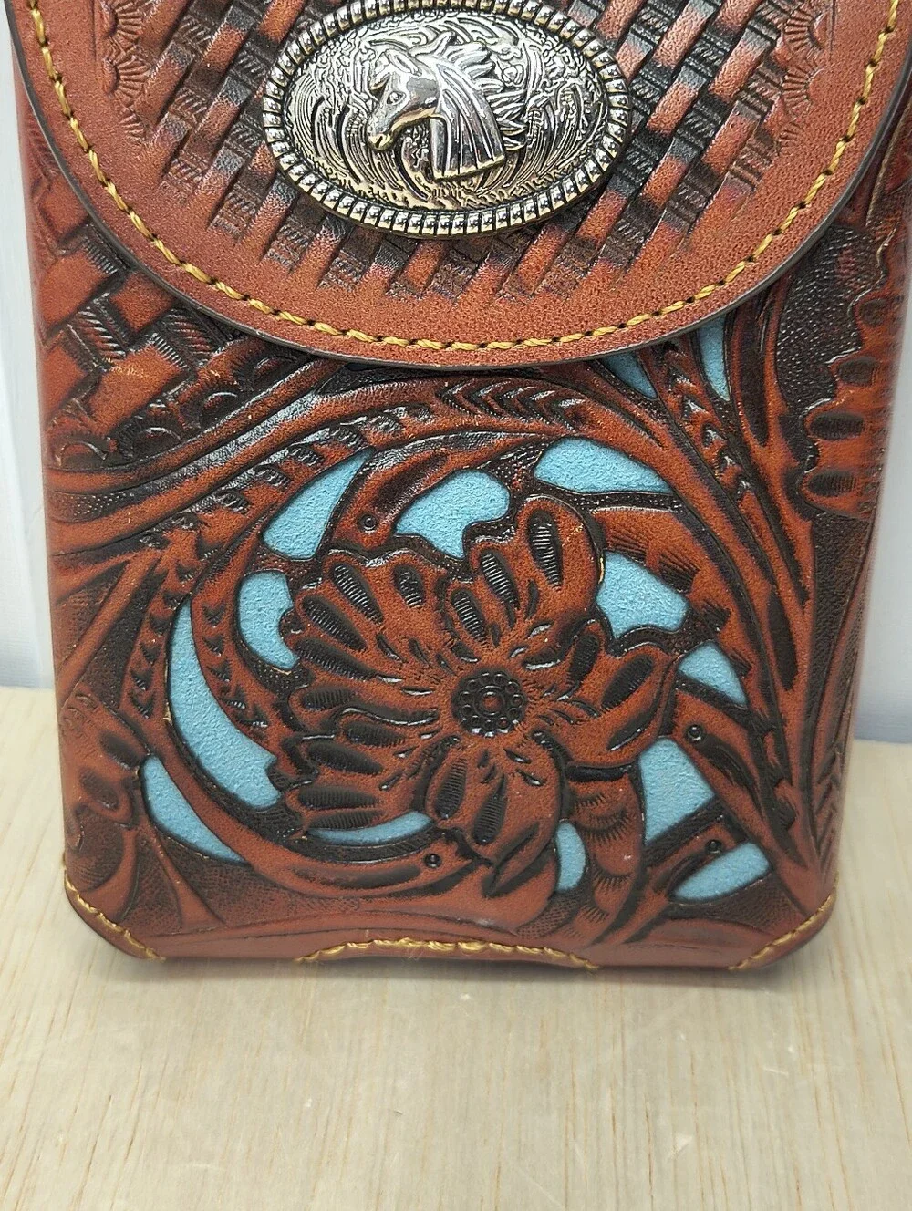 Horse Western Genuine Leather Phone Holster Handtooled Brown XLARGE